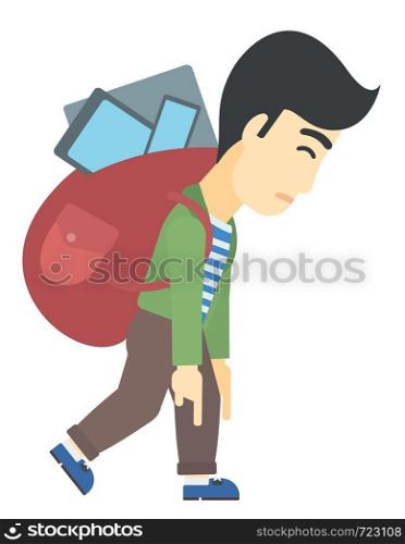 An asian man walking with a big backpack full of different devices vector flat design illustration isolated on white background.. Man with backpack full of devices.