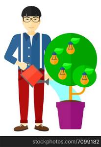 An asian man watering a tree growing in pot with light bulbs instead flowers vector flat design illustration isolated on white background. . Man watering tree with light bulbs.