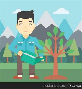 An asian man watering a tree on the background with mountain. Young friendly man takes care of the environment. Vector flat design illustration. Square layout.. Man watering tree with light bulbs.