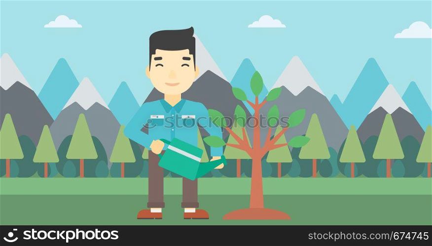 An asian man watering a tree on the background with mountain. Young friendly man takes care of the environment. Vector flat design illustration. Horizontal layout.. Man watering tree with light bulbs.