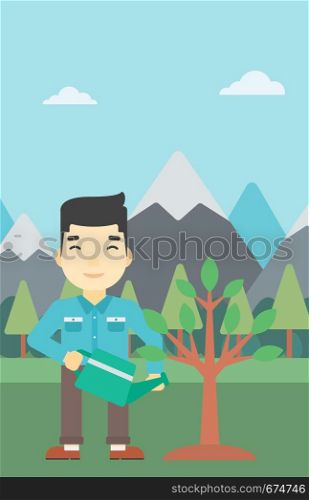An asian man watering a tree on the background with mountain. Young friendly man takes care of the environment. Vector flat design illustration. Vertical layout.. Man watering tree with light bulbs.