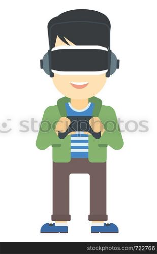 An asian man wearing a virtual relaity headset and holding a remote control in hands vector flat design illustration isolated on white background. Vertical layout.. Man wearing virtual reality headset.