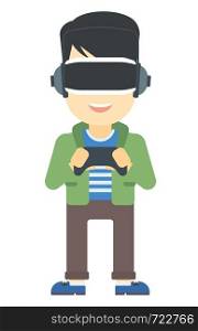 An asian man wearing a virtual relaity headset and holding a remote control in hands vector flat design illustration isolated on white background. Vertical layout.. Man wearing virtual reality headset.