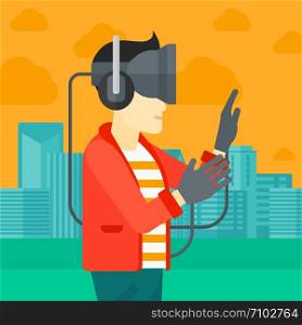 An asian man wearing a virtual relaity headset on a city background vector flat design illustration. Square layout.. Man wearing virtual reality headset.