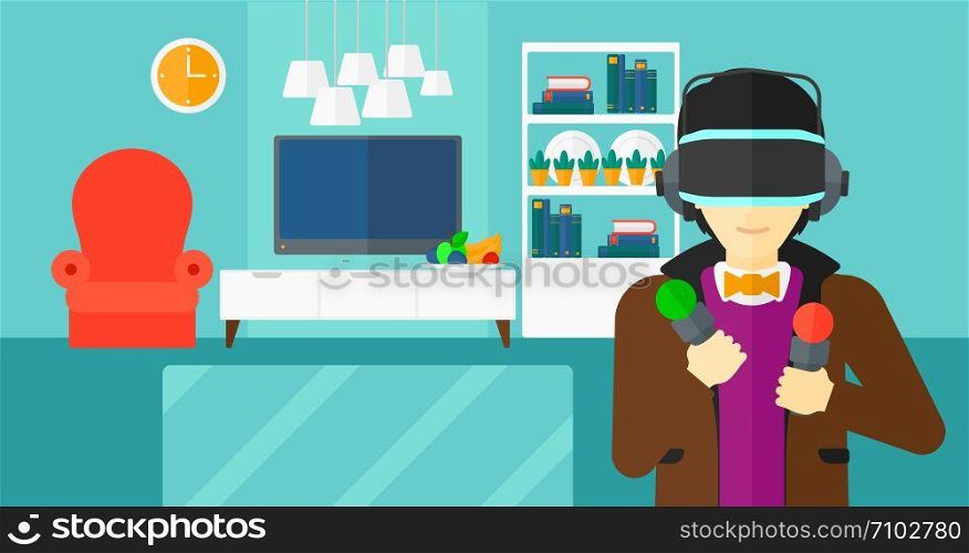 An asian man wearing a virtual relaity headset on the background of modern living room vector flat design illustration. Horizontal layout.. Man wearing virtual reality headset.