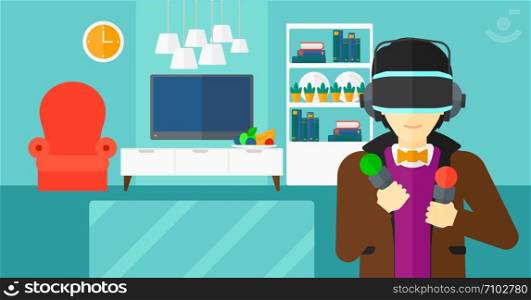 An asian man wearing a virtual relaity headset on the background of modern living room vector flat design illustration. Horizontal layout.. Man wearing virtual reality headset.