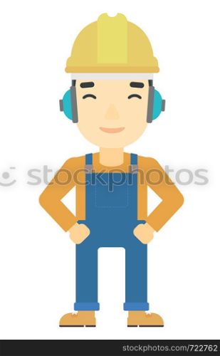 An asian man wearing a yellow hard hat and headphones vector flat design illustration isolated on white background. Vertical layout.. Man wearing hard hat and headphones