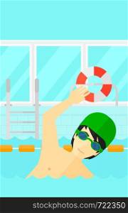 An asian man wearing cap and glasses training in swimming pool vector flat design illustration. Vertical layout.. Swimmer training in pool.