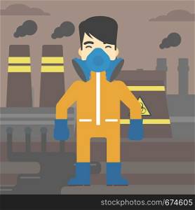 An asian man wearing gas mask and radiation protective suit. Man in radiation protective suit on a background of nuclear power plant. Vector flat design illustration. Square layout.. Man in radiation protective suit.