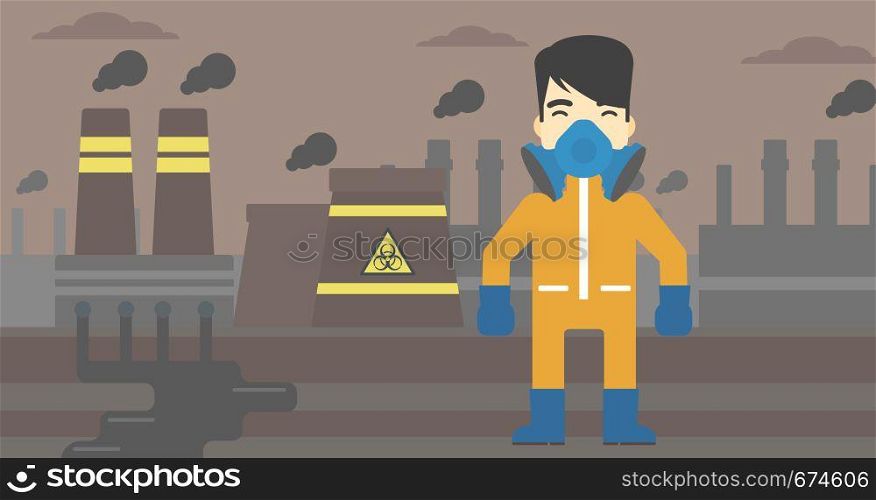 An asian man wearing gas mask and radiation protective suit. Man in radiation protective suit on a background of nuclear power plant. Vector flat design illustration. Horizontal layout.. Man in radiation protective suit.