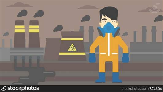 An asian man wearing gas mask and radiation protective suit. Man in radiation protective suit on a background of nuclear power plant. Vector flat design illustration. Horizontal layout.. Man in radiation protective suit.