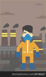An asian man wearing gas mask and radiation protective suit. Man in radiation protective suit on a background of nuclear power plant. Vector flat design illustration. Vertical layout.. Man in radiation protective suit.