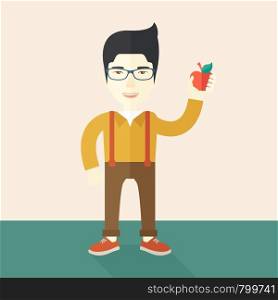 An asian man wearing glasses holding an apple vector flat design illustration. Healthy concept. Square layout.. Man holding apple.