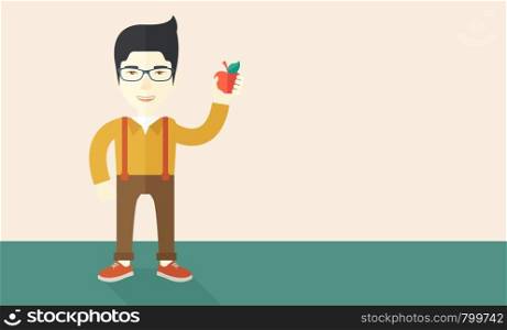 An asian man wearing glasses holding an apple vector flat design illustration. Healthy concept. Horizontal layout with a text space for a social media post. Man holding apple.