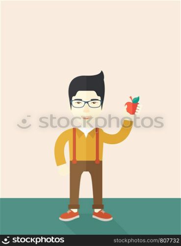 An asian man wearing glasses holding an apple vector flat design illustration. Healthy concept. Vertical poster layout with a text space.. Man holding apple.