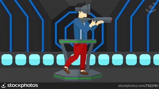An asian man wearing virtual reality headset and standing on a treadmill with a gun in hands vector flat design illustration. Horizontal layout.. Full virtual reality.
