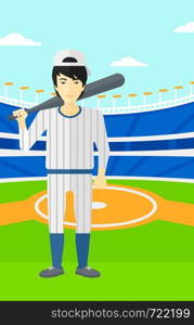 An asian man with a bat on the baseball stadium vector flat design illustration. Vertical layout.. Baseball player with bat.