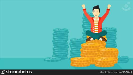 An asian man with a happy face and raised hands sitting on golden coins on a blue background vector flat design illustration. Horizontal layout.. Happy businessman sitting on coins.