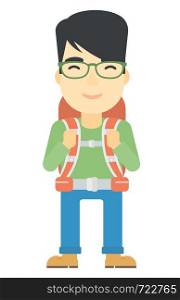 An asian man with backpack hiking vector flat design illustration isolated on white background. Vertical layout.. Cheerful man with backpack .