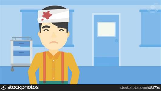 An asian man with bandages over his head. Sad man with a bandaged head in the medical office. Young wounded man in the hospital. Vector flat design illustration. Horizontal layout.. Man with injured head vector illustration.