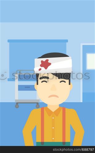 An asian man with bandages over his head. Sad man with a bandaged head in the medical office. Young wounded man in the hospital. Vector flat design illustration. Vertical layout.. Man with injured head vector illustration.