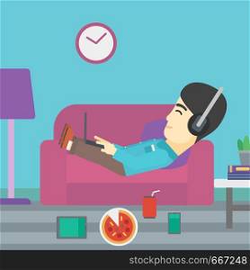 An asian man with belly relaxing on a sofa with many gadgets. Man lying on a sofa surrounded by gadgets. Man using gadgets at home. Vector flat design illustration. Square layout.. Man lying on sofa with many gadgets.