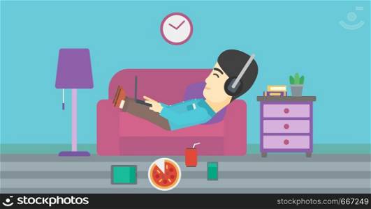 An asian man with belly relaxing on a sofa with many gadgets. Man lying on a sofa surrounded by gadgets. Man using gadgets at home. Vector flat design illustration. Horizontal layout. Man lying on sofa with many gadgets.