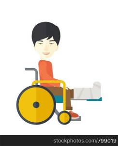 An asian man with broken leg siting in the wheelchair vector flat design illustration isolated on white background. Vertical layout.. Patient in wheelchair.