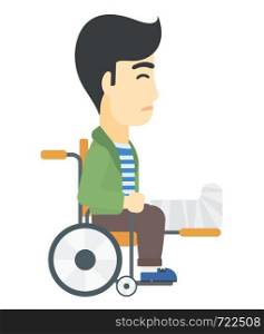 An asian man with broken leg sitting in wheelchair vector flat design illustration isolated on white background. . Patient sitting in wheelchair.