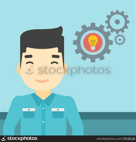 An asian man with business idea bulb in gear. Young businessman having a business idea. Successful business idea concept. Vector flat design illustration. Square layout.. Man with business idea bulb in gear.
