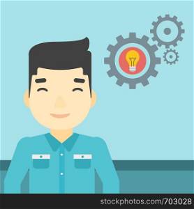 An asian man with business idea bulb in gear. Young businessman having a business idea. Successful business idea concept. Vector flat design illustration. Square layout.. Man with business idea bulb in gear.