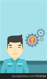 An asian man with business idea bulb in gear. Young businessman having a business idea. Successful business idea concept. Vector flat design illustration. Vertical layout.. Man with business idea bulb in gear.