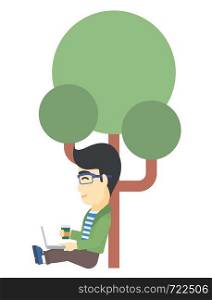 An asian man with cup of coffee studying in park using a laptop vector flat design illustration isolated on white background. . Man using laptop for education.