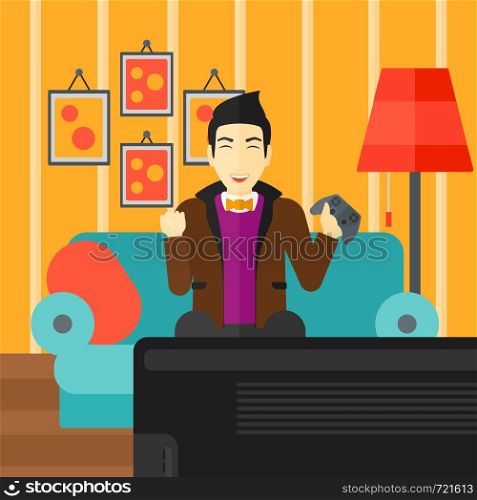 An asian man with gamepad in hands sitting on a sofa in living room vector flat design illustration. Square layout.. Man playing video game.