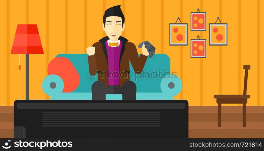 An asian man with gamepad in hands sitting on a sofa in living room vector flat design illustration. Horizontal layout.. Man playing video game.