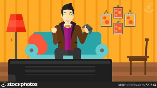 An asian man with gamepad in hands sitting on a sofa in living room vector flat design illustration. Horizontal layout.. Man playing video game.