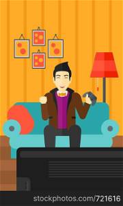 An asian man with gamepad in hands sitting on a sofa in living room vector flat design illustration. Vertical layout.. Man playing video game.