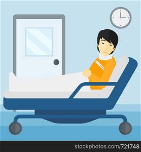 An asian man with injured neck lying in bed in hospital ward vector flat design illustration. Square layout.. Patient with injured neck.