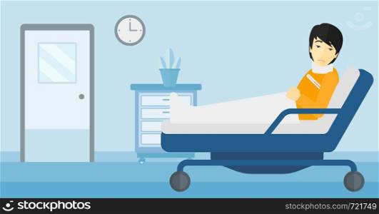 An asian man with injured neck lying in bed in hospital ward vector flat design illustration. Horizontal layout.. Patient with injured neck.