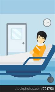 An asian man with injured neck lying in bed in hospital ward vector flat design illustration. Vertical layout.. Patient with injured neck.