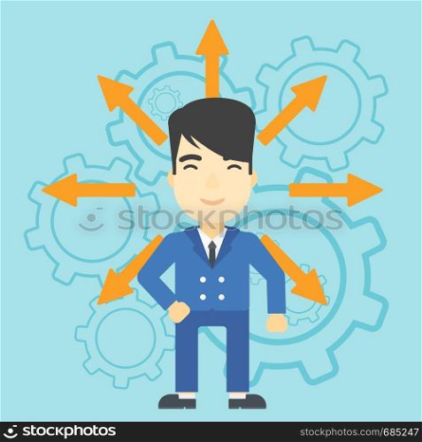 An asian man with many arrows around his head standing on background with cogwheels. Concept of career choices. Vector flat design illustration. Square layout.. Man choosing career way.