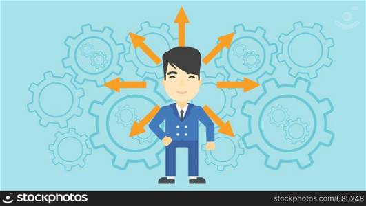 An asian man with many arrows around his head standing on background with cogwheels. Concept of career choices. Vector flat design illustration. Horizontal layout.. Man choosing career way.