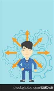 An asian man with many arrows around his head standing on background with cogwheels. Concept of career choices. Vector flat design illustration. Vertical layout.. Man choosing career way.