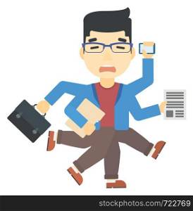 An asian man with many hands holding papers, suitcase, devices vector flat design illustration isolated on white background. Vertical layout.. Man coping with multitasking.