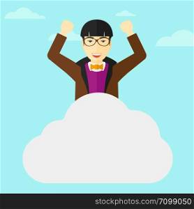 An asian man with raised hands sitting on a cloud on the background of blue sky vector flat design illustration. Square layout.. Man sitting on cloud.