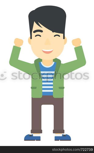 An asian man with raised hands up vector flat design illustration isolated on white background. Vertical layout.. Man with raised hands up.