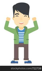 An asian man with raised hands up vector flat design illustration isolated on white background. Vertical layout.. Man with raised hands up.