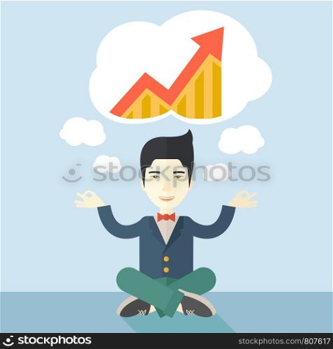 An asian man with speech cloud thinking about on how the business will grow. Business concept. A Contemporary style with pastel palette, soft blue tinted background. Vector flat design illustration. Square layout.. Businessman get the idea