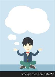 An asian man with speech cloud thinking about on how the business will grow. Business concept. A Contemporary style with pastel palette, soft blue tinted background. Vector flat design illustration. Vertical layout.. Businessman get the idea