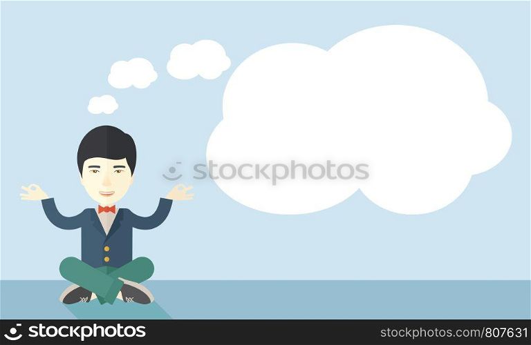 An asian man with speech cloud thinking about on how the business will grow. Business concept. A Contemporary style with pastel palette, soft blue tinted background. Vector flat design illustration. Horizontal layout.. Businessman get the idea